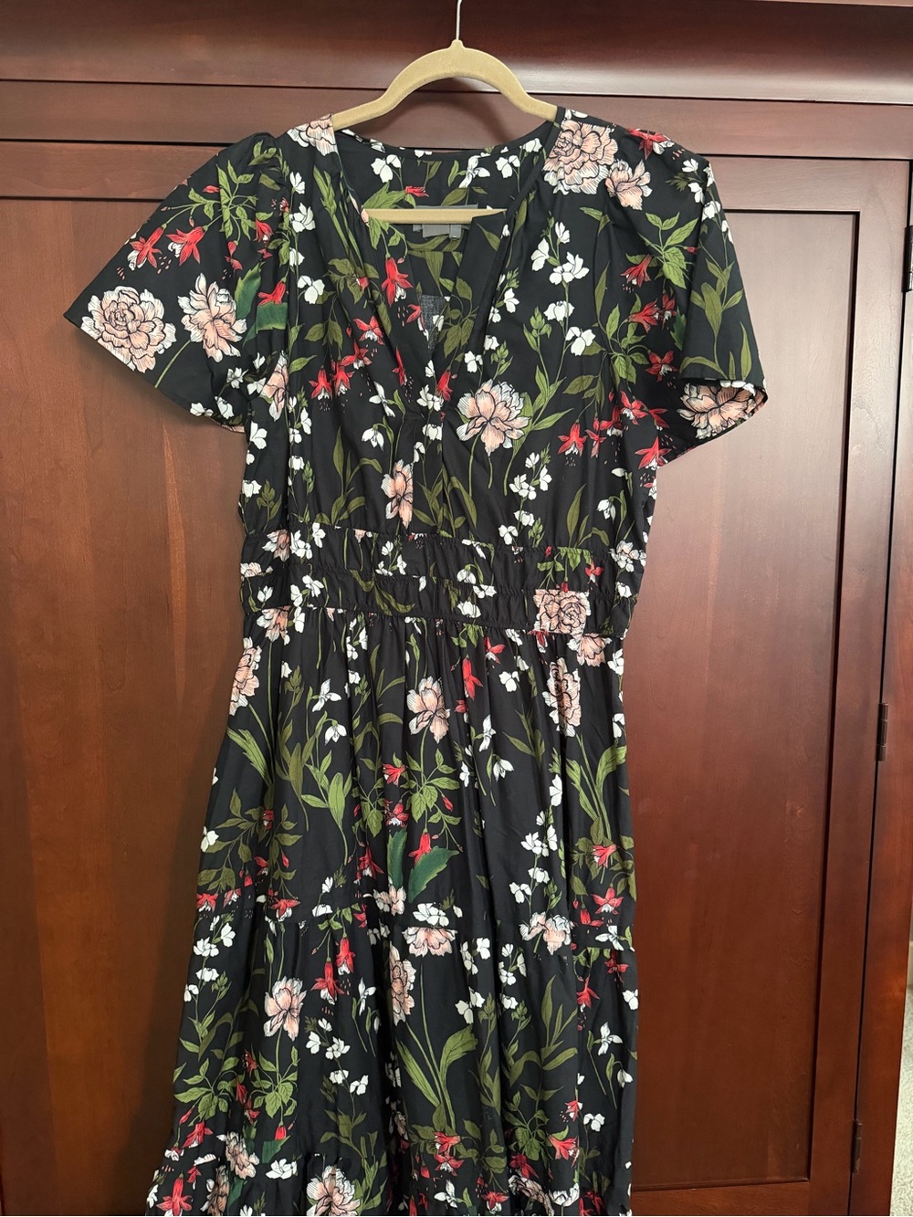 Anthropologie Black Floral Tiered Maxi Dress with Green & Pink Print - Picture 3 of 5